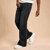 Jean coupe bootcut ample pour homme, gris foncé délavé, orné de strass et de rivets, style Hip Hop, pour soirée et streetwear