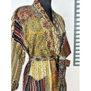 <b>Kantha</b> Pure Cotton Reversible Short Kimono Women's Beige Brown Patchwork <b>Jacket</b> Swimsuit Cover Ups - Product Image 5