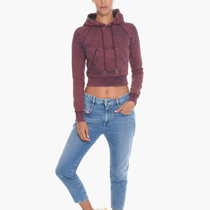 Femmes Polyester/coton 360 grammes lavage à l'acide en détresse surdimensionné Vintage pull haut court poche hiver à capuche écologique - Product Image 3