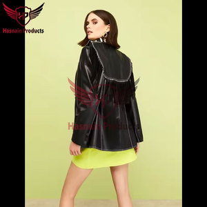 Blazer en cuir véritable noir pour femme avec surpiqûres contrastées, revers en peau de mouton, coupe ajustée, manteau de costume sur mesure, haute couture, vêtement d'extérieur d'hiver - Product Image 3