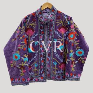Abrigo de Terciopelo Morado con Bordado Floral a Mano, Cuello Mandarín, Manga Larga, Talla Grande, Ropa de Abrigo Casual para Mujer, Otoño - Product Image 2
