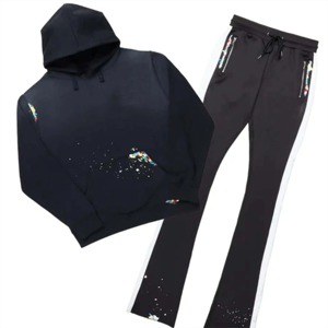 Sudadera con capucha y pantalones apilados personalizados unisex, chándal acampanado de algodón 100%, ropa de calle cómoda de talla grande para el invierno - Product Image 1