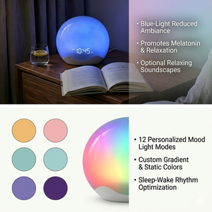 Réveil intelligent avec simulateur d'aube OEM ODM, double alarme, bruit blanc, 12 lumières d'ambiance, aide au sommeil portable pour le <span class=keywords><strong>yoga</strong></span>, la chambre d'enfant, la chambre à coucher et le bureau - Product Image 5