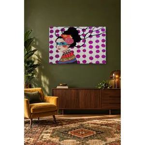Fida Purple Drops - Toile imprimée avec femme masquée sur fond de rideau - Product Image 1