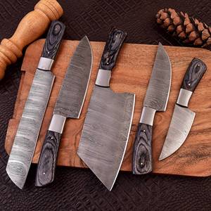 Ensemble de couteaux de chef de cuisine stylés damas faits à la main 5 pièces avec étui en cuir (SMK1901) - Product Image 4