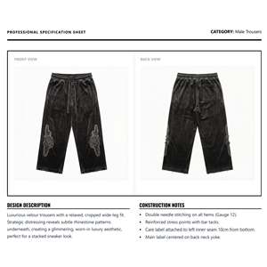 กางเกงขายาวทรงบานผ้ากำมะหยี่ปักลายหรูหราสำหรับผู้ชาย แต่งจีบด้านหน้า ดีไซน์ขาดๆ ประดับคริสตัลฮอตฟิกซ์ สไตล์สตรีทแวร์ รักษ์โลก วินเทจ - Product Image 6