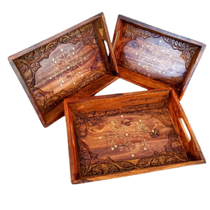 Bandejas de madera de Pakistán con juego de trabajo de latón de 3, bandejas de artesanía en madera de primera calidad, bandejas de artesanía en madera de la mejor calidad - Product Image 2