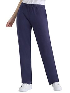 Pantalones de Algodón de Pierna Recta Azul Marino para Mujer, Cintura Media, Cordón Elástico, Casuales, Largos, de Color Sólido, para Otoño - Product Image 1