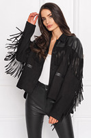 Jaket Wanita Berbahan Kulit Domba Asli Warna Hitam dengan Rumbai dari Kulit Suede Lembut