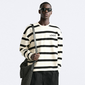 Sudadera a rayas Sudadera de ajuste relajado Cuello redondo Manga larga y adornos acanalados Azul/blanco Sudadera de manga larga personalizada - Product Image 4