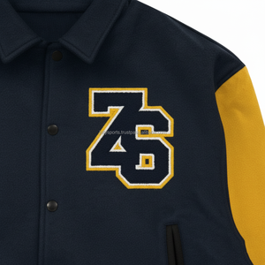 Veste universitaire en laine mélangée 450 GSM de haute qualité manches contrastées jaune marine Logo personnalisé Patch Chenille Varsity Jacket pour homme - Product Image 6