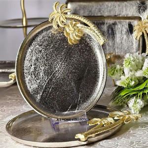 Fabulous Embossed Texture With Leafy Branch Shape Design <b>Side</b> Handles Metal Food Serving Tray Standard Table Decor - Product Image 4