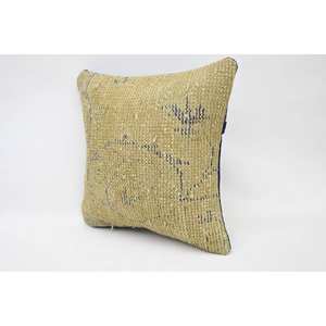 Subtle Striped 14x14 Inch Beige Wool Kantha <b>Pillow</b> Vintage Woven with Embroidery - Product Image 3