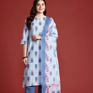 <b>women</b> Floral Printed Pure Cotton Kurta With Trousers & Dupatta indian pakistan salwar kameez <b>suit</b> - Product Image 1