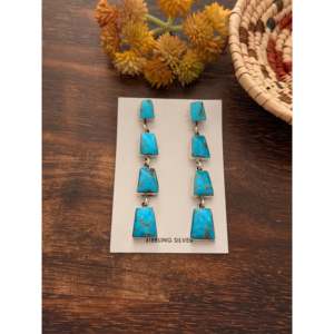 Gregg Yazzie Kingman Turquoise & Sterling Silver Drop <b>Earrings</b> Geometric <b>Post</b> Dangle Design - Product Image 1