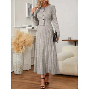 Women'<b>s</b> Long-Sleeve Button-Front <b>Blouse</b> <b>and</b> High-Waisted A-Line Long Skirt with Brushed Fabric, Two-Piece Set, 28603 - Gray - Product Image 5