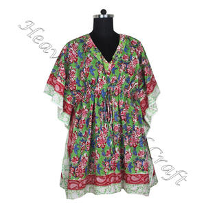 100% coton femmes vêtements de nuit main bloc imprimé caftan robe KFCS097 poids léger femmes décontracté Occasion porter courte Caftan robe - Product Image 3