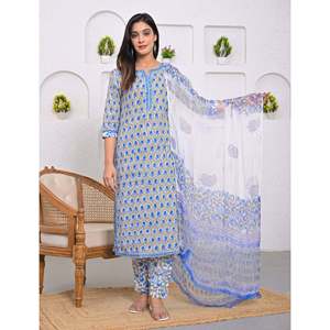 Ensemble Kurta et pantalon en coton gris imprimé à blocs pour filles, tenue traditionnelle ethnique Salwar Kameez pour les occasions spéciales et les fêtes, en tissu filet - Product Image 1