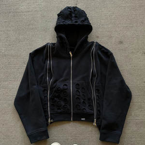 Custom Heavyweight Cotton French Terry Zipper Sleeve Distressed Acid Wash Full <b>Zip</b> up <b>Hoodies</b> for Men - Product Image 1