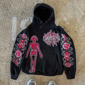 High End Custom Digital Oversized Vintage Acid Wash Skull Fleece Zip Hoodie Sin cordón Doble cremallera Red Skull Zip up Hoodie - Product Image 1