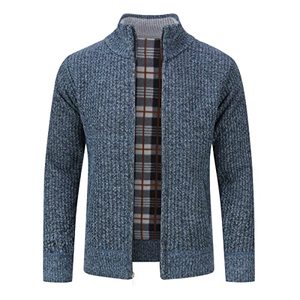 Cardigan en laine acrylique pour homme, col mandarin, fermeture éclair, doublure à carreaux, manches longues, pull chaud en tricot pour l'automne - Product Image 1