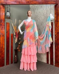 เสื้อส่าหรีสำหรับผู้หญิงผ้าส่าหรีดีไซน์เนอร์ผ้าจอร์เจียสำหรับปาร์ตี้สไตล์บอลลีวูดแต่งระบายล่าสุดดีไซน์อินเดีย - Product Image 4