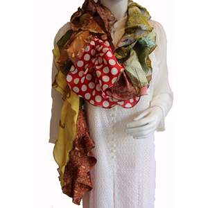 Recycled <b>Silk</b> Sari Frill Scarf Ruffle Vintage Multicolor Boho Fashion for Girls Hand Drawn Designer Long Scarf for Spring - Product Image 2