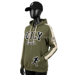 Sudadera con Capucha y Cremallera para Mujer, Estilo Deportivo, en Felpa GSM Color Oliva con Paneles de Manga Beige, Logotipo Personalizado Bordado en Chenilla - Product Image 4
