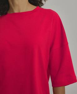 เสื้อยืดคอกลมสำหรับผู้หญิงแขนสั้นลำลองฤดูร้อนผ้าโพลีเอสเตอร์สีพื้นทรงโอเวอร์ไซส์ - Product Image 4