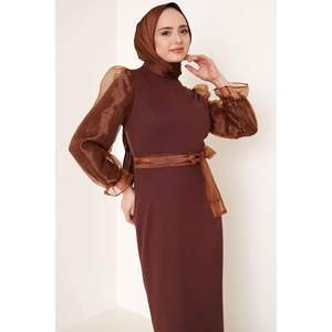Vestido casual marrón con manga de organza - Product Image 4