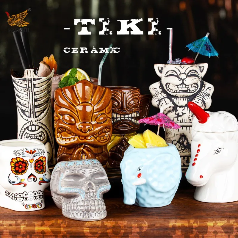 Vente en vrac en gros tasses tiki hawaïennes tasse à cocktail verres tiki à cocktail en céramique personnalisés chope de bière créative tasses tiki pour bar