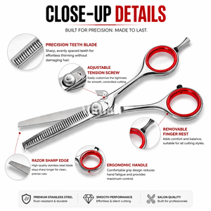 กรรไกรซอยผมมืออาชีพขนาด 6.7 นิ้ว สแตนเลสสตีล กรรไกรตัดแต่งทรงผมสำหรับช่างทำผม อุปกรณ์ตัดผมในร้านเสริมสวย ปรับระดับได้ด้วยสกรู OEM - Product Image 5