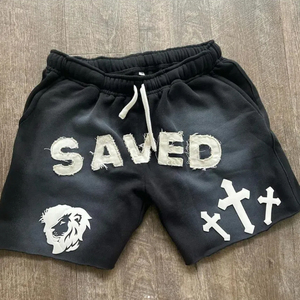 <b>Men's</b> High Street Summer Acid Wash <b>Shorts</b> Vintage Sun Fade Embroidery Applique <b>Patch</b> Distressed Cotton Sweat Custom Drawstrings - Product Image 3