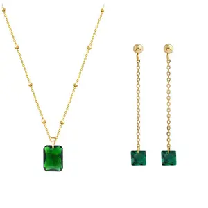 Wholesale Vintage Emerald Pendant Necklace Earring Set Women Titanium Steel Gold Plated Bridal Jewelry Set