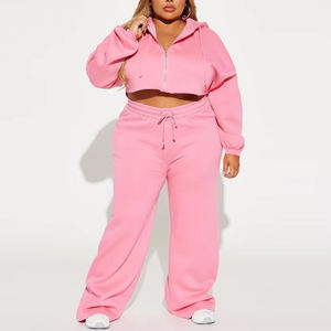 Sudaderas recortadas personalizadas con cremallera y pantalones de chándal rectos apilados de pierna ancha, chándales de dos piezas, conjunto de Sudadera con capucha para mujer, conjunto de 2 piezas - Product Image 3