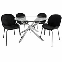 Table à manger ronde moderne de luxe en verre trempé avec pieds en métal chromé pour la maison, l'hôtel, le restaurant, 4 places
