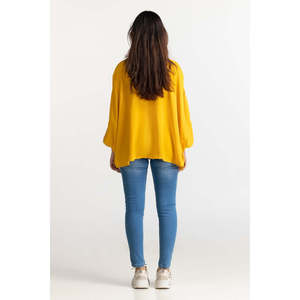 Blusa de Chifón Color Mostaza para Mujer con Bordado, Lentejuelas y Decoración de Encaje, Talla XL, Formal, con Cuello con Volantes y Lazo, WM-CS-SS24-075 - Product Image 4