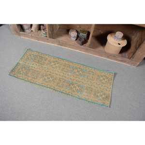 Classic Beige Blue 1.5x3.9ft Woolen Rug Handmade Vintage Turkish Design Patchwork Pattern Rectangular Shape for Living Latex - Product Image 3
