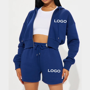 Acheter en gros 2025 ensembles de survêtements femmes mode col rond manches longues couleur unie décontracté haut veste à capuche ensemble short et short - Product Image 2