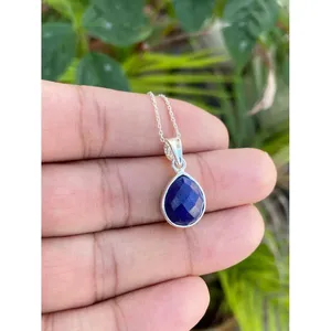 925 <b>Silver</b> Pear Lapis Lazuli Pendant <b>Necklace</b> with Bezel Setting Inlay Technology - Product Image 2
