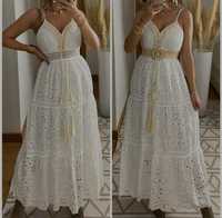 Robe Bohème de Mariage Keloid pour Femme, Robe Longue Bohème Maxi Miss Charm Paris, Dentelle Blanche, Crochet, Pompons, Bretelles, Écologique et Naturelle