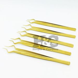 Pinces à épiler professionnelles en acier inoxydable anti-magnétiques pour extensions de cils, design en vison doré, logo lisse, cils plats - Product Image 1