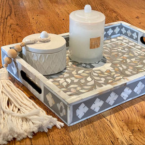 Bandeja de servicio con forma hexagonal más vendida, diseño Floral único, incrustaciones de perlas indias hechas a mano, decoración del hogar de Color blanco - Product Image 5