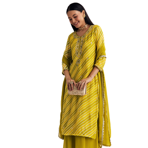 Mostaza Leheriya Kurta Palazzo Traje con Cutdana nd Lentejuelas Trabajo Venta al por mayor Mujeres Ropa étnica Fábrica de ropa Proveedor a granel - Product Image 2