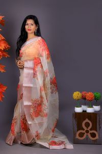 Saree de organza pesada con estampado floral blanco, trabajo para mujer - Product Image 2