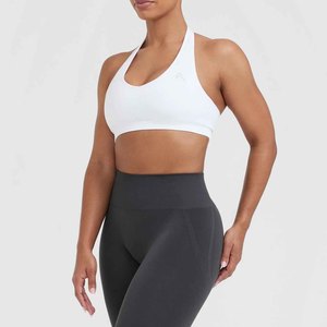 Women's White Seamless <b>Halter</b> Sports <b>Bra</b> Medium Support Yoga Workout Wear Scoop <b>Neck</b> Spandex Polyester Solid Color - Product Image 2
