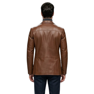 <b>Men</b>’s Cognac <b>Leather</b> <b>Blazer</b> Jacket Notch Lapel Two Button Slim Fit Coat - Product Image 6