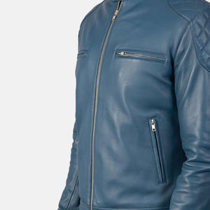 Blouson matelassé personnalisé pour homme en toile et cuir de mouton véritable noir, col montant, fermeture éclair, style moto hiver, coupe haute - Product Image 6