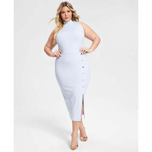 Robe Midi Chic Côtelée Bleue Nina Parker pour Femme, Grande Taille, Style Vintage Décontracté, Fendue, Taille Naturelle, Tailles XL à 5XL, Imprimée - Product Image 1