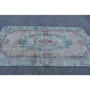 Alfombra turca clásica Vintage, forro de látex de lana de retazos verde Beige, hecha a mano, alfombras de cama laterales rectangulares de 4x8 pies, modelo de alfombra de noche - Product Image 3